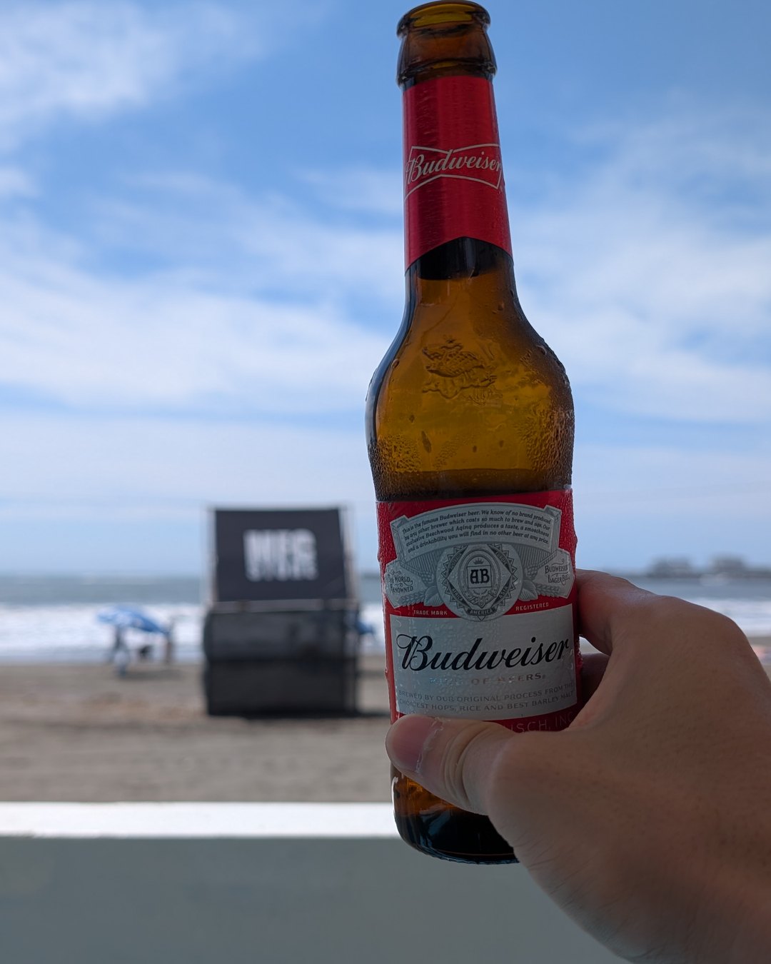 ビーチでビールを持つ手
